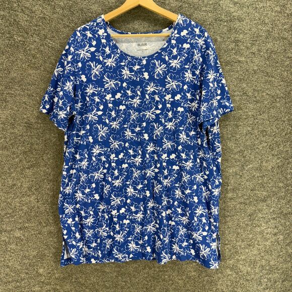 Blair T-Shirt Women 2XL Blue Floral Short Sleeve Round Neck Cotton Pullover - Picture 1 of 7